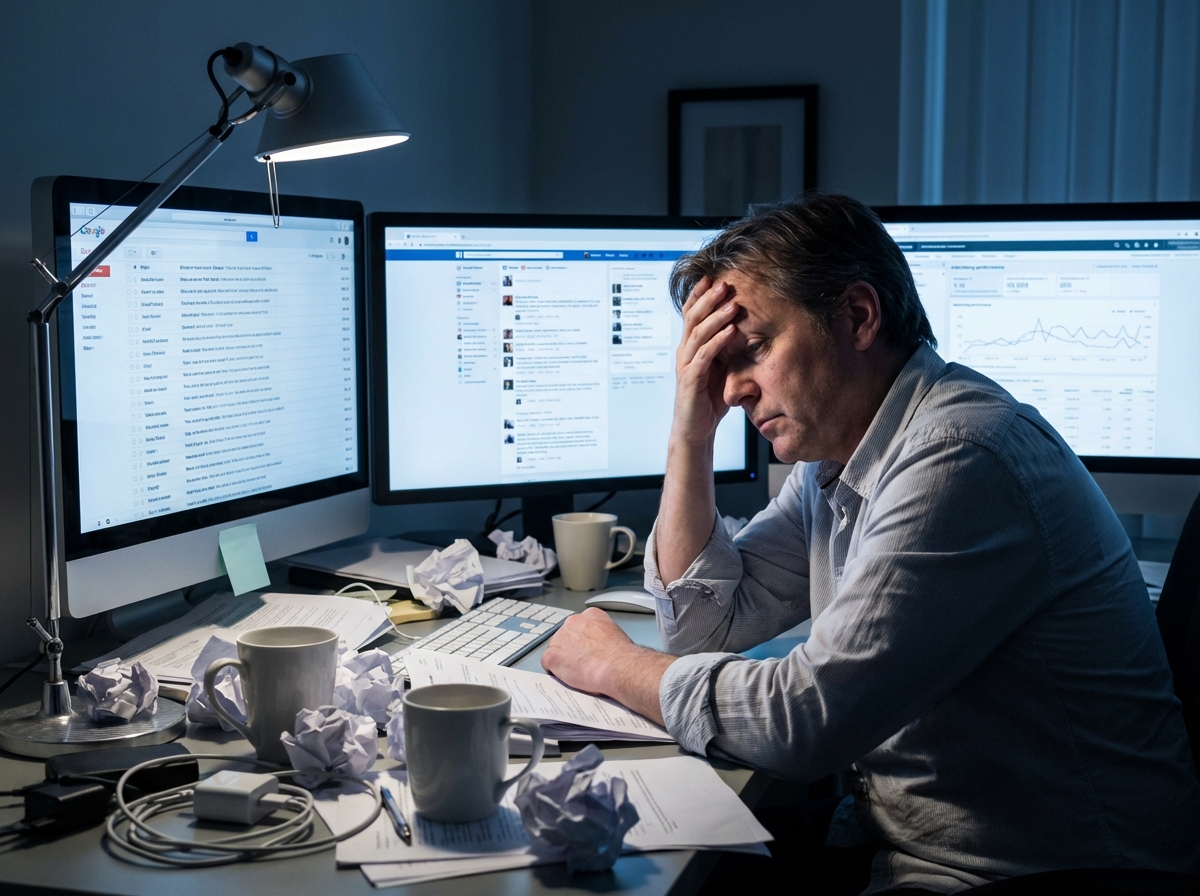 Business owner overwhelmed by DIY marketing