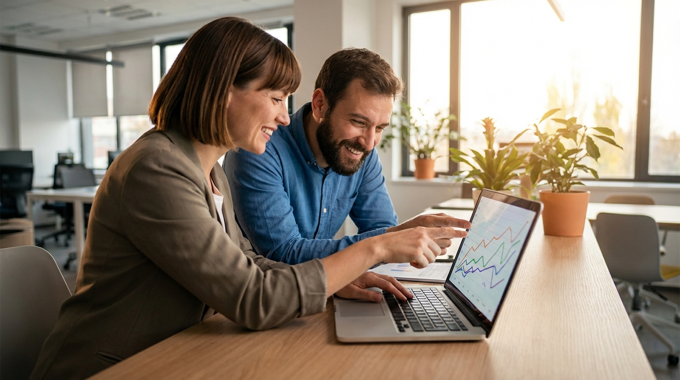 Business owner and marketing strategist reviewing growth results together